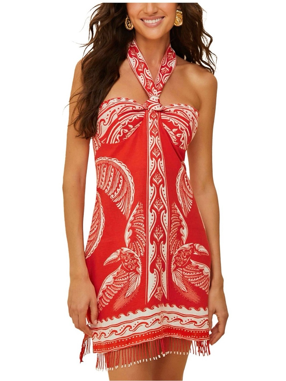 FARM Rio Red and White Halter Mini Dress
